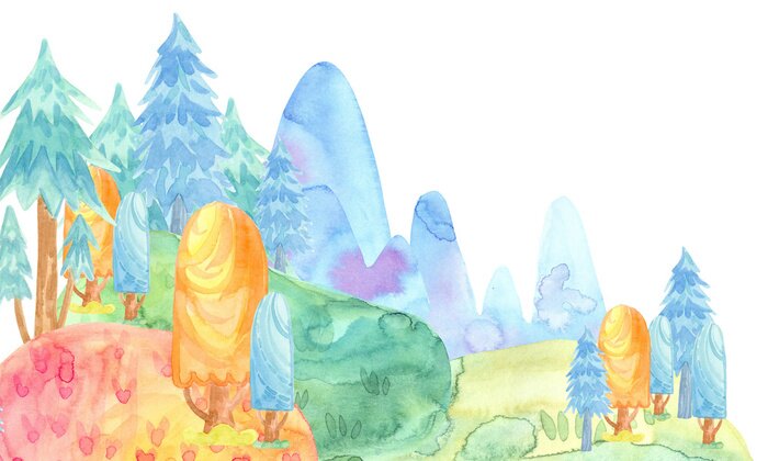 Sticker  Illustration aquarelle de dessin animé. Nature de conte de fées mignonne. Forêt de sapins colorés, arbres, montagnes. modèle de carte