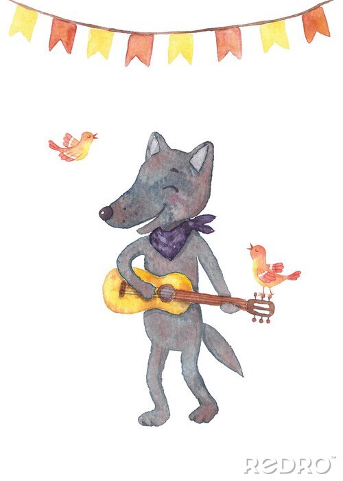 Sticker  Illustration aquarelle de loup à la guitare.