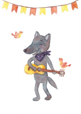 Sticker  Illustration aquarelle de loup à la guitare.