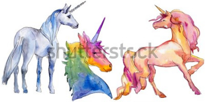 Sticker  Illustration aquarelle de trois licornes multicolores