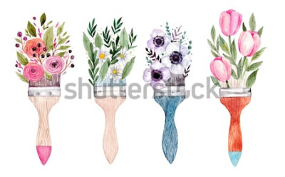 Sticker  Illustration avec des fleurs sur des pinceaux