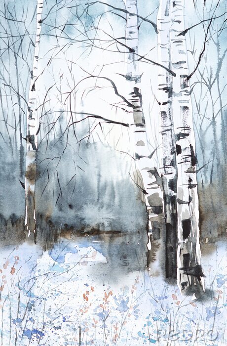 Sticker  Illustration avec motif de bouleau et de feuilles jaunes