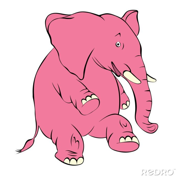 Sticker  Illustration d'un éléphant rose gai. Les coûts de l'éléphant sur une patte arrière et des sourires