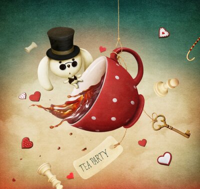 Sticker  Illustration de fantaisie avec la tasse de thé rouge et le lapin