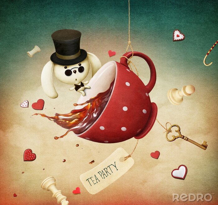 Sticker  Illustration de fantaisie avec la tasse de thé rouge et le lapin