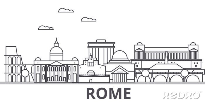 Sticker  Illustration de ligne d'architecture Rome ligne. Paysage urbain vecteur linéaire avec des monuments célèbres, monuments de la ville, icônes du design. Traits éditables