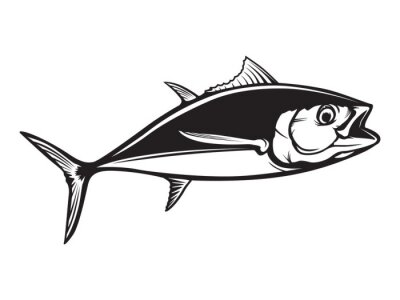 Sticker  Illustration de logo de grosse pêche au thon. Emblème de vecteur de pêche au thon. Thème marin de poissons à nageoires bleues. Poisson en colère.