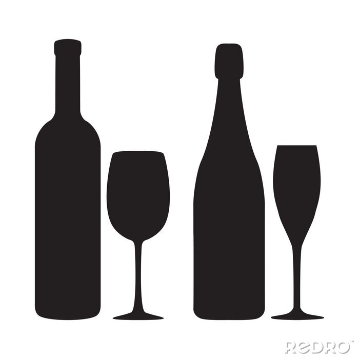 Sticker  Illustration de siluettes de bouteilles et de verres de vin et sha