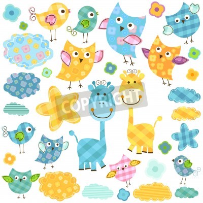 Sticker  Illustration décorative colorée de girafes et d'oiseaux