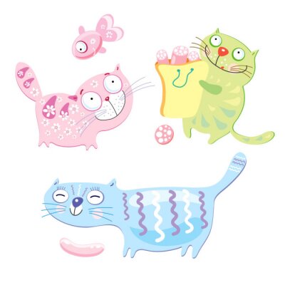 Sticker  Illustration humoristique de trois chats colorés drôles