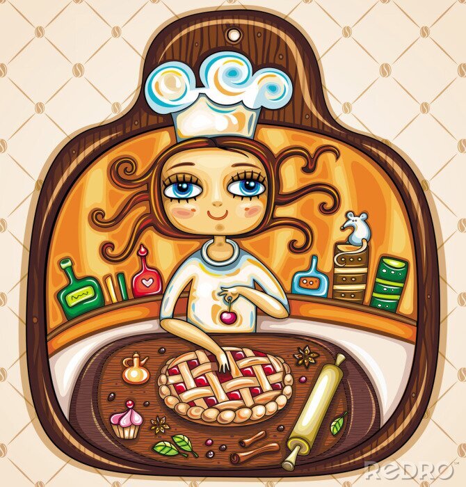Sticker  Illustration joyeuse avec une fille préparant une tarte