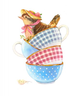 Sticker  Illustration minable avec un oiseau dans un chapeau