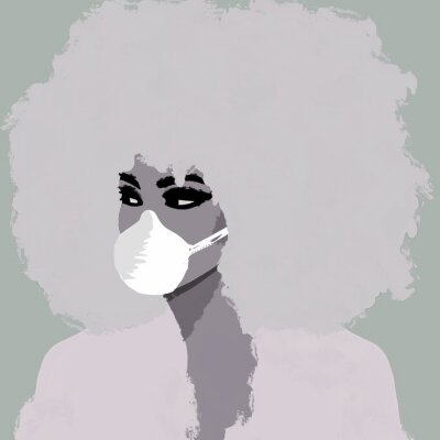 Sticker  Illustration of african black woman, with mouth protection mask, for corona virus epedemic	
