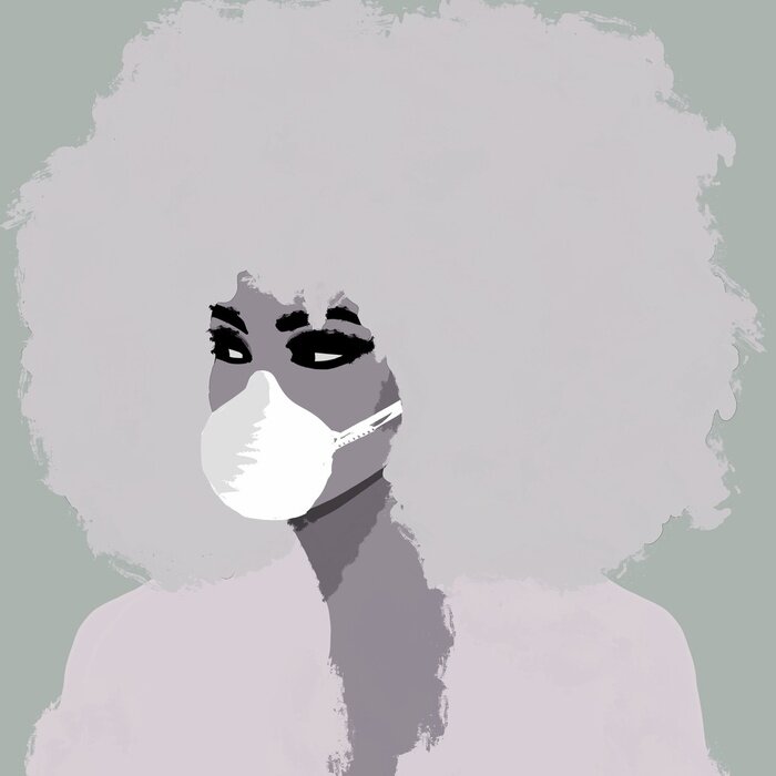 Sticker  Illustration of african black woman, with mouth protection mask, for corona virus epedemic	
