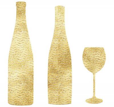Sticker  Illustration of gold wine bottles and glass on a white background