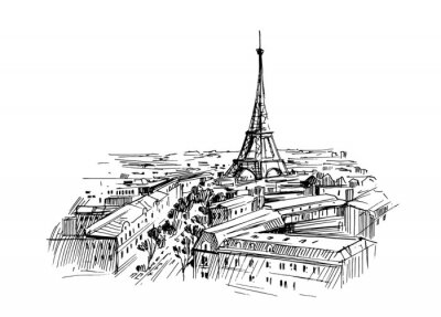 Sticker  Illustration of paris with eiffel tower. Hand drawn ink sketch converted to vector.