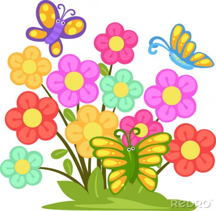 Sticker  Illustration pour enfants de fleurs et papillons multicolores