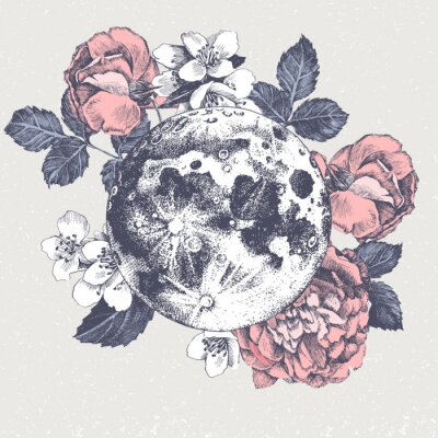 Sticker  Illustration rétro avec lune et fleurs