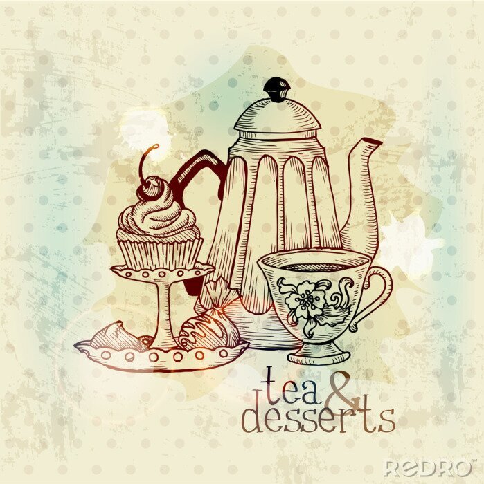 Sticker  Illustration rétro avec thé et dessert