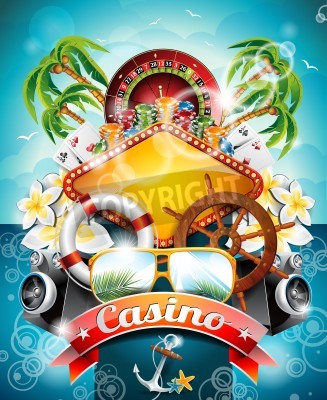 Sticker  illustration sur un thème de casino avec roulette et le ruban sur fond tropical.