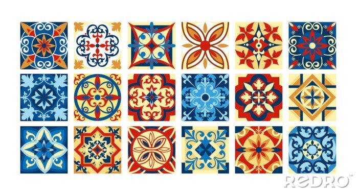 Sticker  Illustration vectorielle Collection de carreaux de céramique dans des couleurs rétro. Un ensemble de motifs carrés dans le style ethnique. Illustration vectorielle