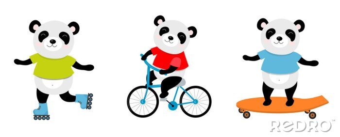 Sticker  Illustration vectorielle de panda sportif sur un vélo, patins à roulettes, skate. Parfait pour carte postale, livre de bébé, affiche, bannière