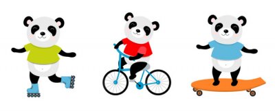 Sticker  Illustration vectorielle de panda sportif sur un vélo, patins à roulettes, skate. Parfait pour carte postale, livre de bébé, affiche, bannière