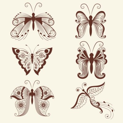 Sticker  Illustration vectorielle de papillons dans l'ornement de Mehndi. Style indien traditionnel, éléments floraux décoratifs pour le tatouage au henné, les autocollants, le design mehndi et le yoga, les ca