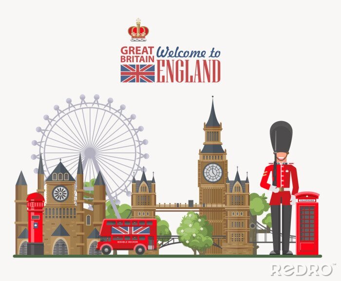 Sticker  Illustration vectorielle de voyage en Angleterre. Vacances au Royaume-Uni. Contexte de la Grande-Bretagne. Voyage au Royaume-Uni.