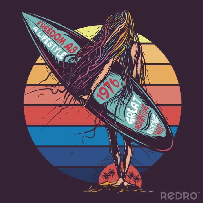 Sticker  Illustration vectorielle originale, dans un style néon rétro, fille va à la mer, avec le surf à la main.