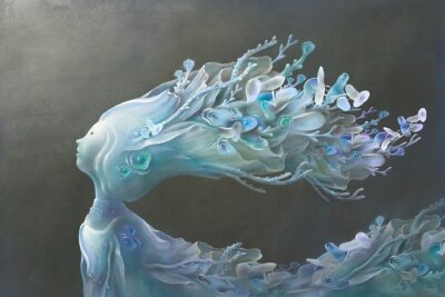 Sticker  Imagination lonely girl with nature head looking for the light, fantasy art, hope concept, surreal painting, freedom