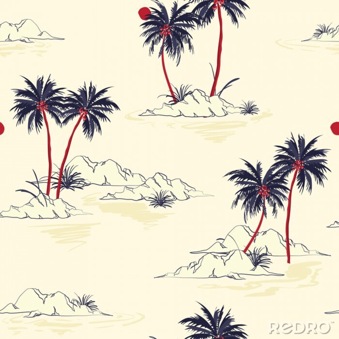 Sticker  Impression de fond belle île sans soudure. Paysage avec palmiers, plage et océan vecteur style dessiné à la main. Sur fond rose clair.