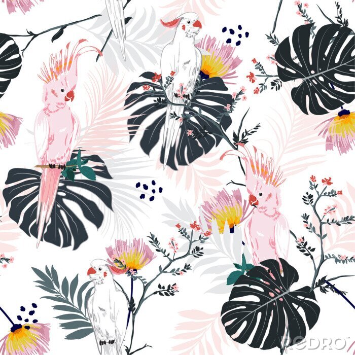 Sticker  Imprimé floral tropical estival à la mode. Oiseau perroquet dans la jungle et des fleurs dans la conception allover de la forêt exotique, vecteur transparente motif pour la mode, wallpaoer et tous les