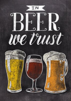 Sticker  In beer we trust hand drawn lettering with beer glasses on black chalkboard background. Vintage food illustration.