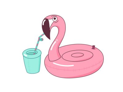 Sticker  Inflatable cute pool toy. Pink rubber flamingo.