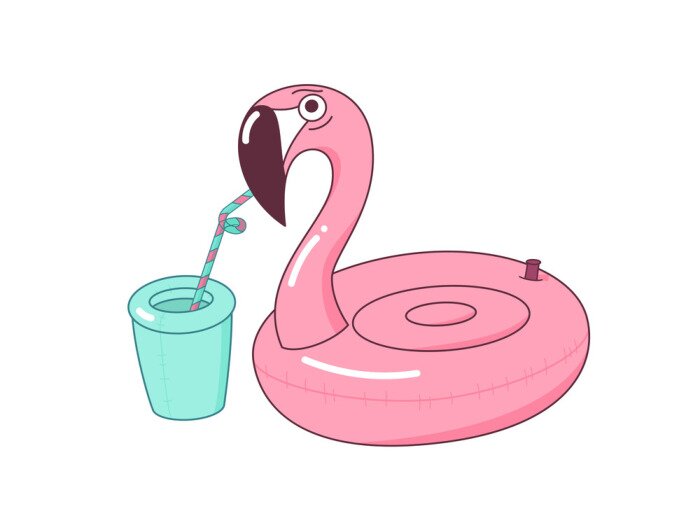 Sticker  Inflatable cute pool toy. Pink rubber flamingo.