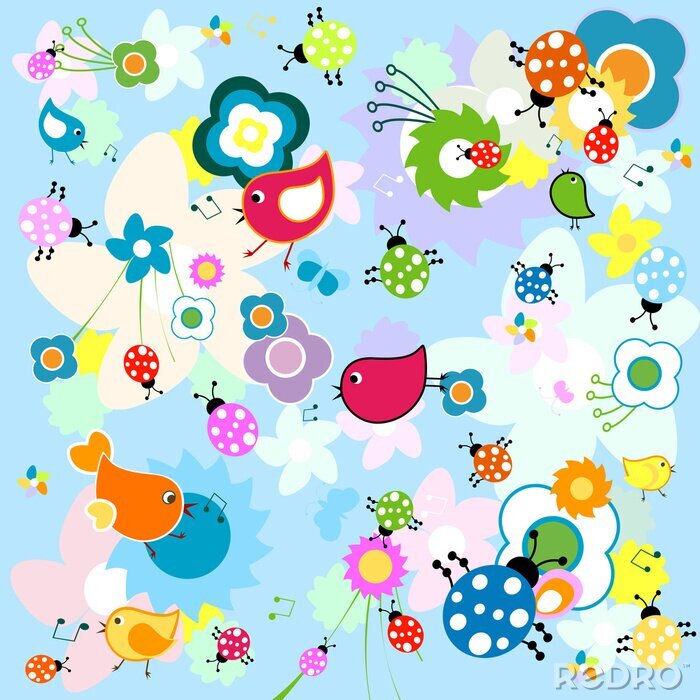 Sticker  Insectes oiseaux et fleurs colorées