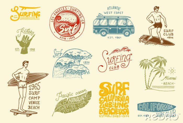 Sticker  Insigne de surf et vague, palmier et océan. les tropiques et la californie. homme sur la planche de surf, l'été sur la plage et la mer. emblème gravé dessinés à la main. Bannière ou affiche sports à H