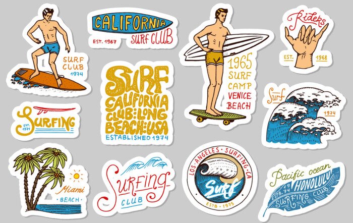 Sticker  Insignes de surfeur Vintage. Autocollants tropicaux et Californie. Vague, palmier et océan. Homme sur la planche de surf, plage d'été et mer. Emblème gravé dessinés à la main. Bannière ou affiche Spor