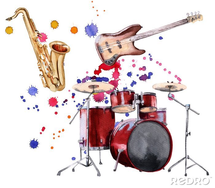Sticker  Instruments de musique. Saxophone, guitare et tambour. Isolé sur fond blanc.
