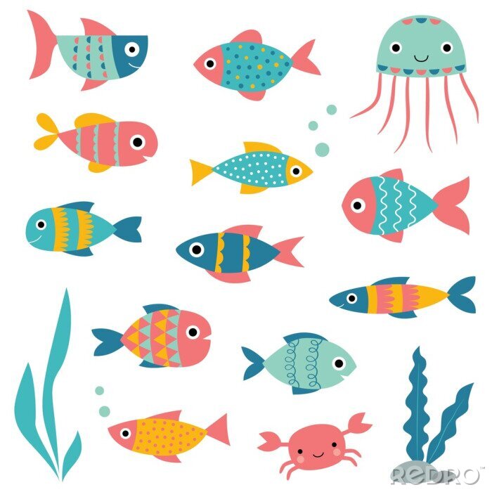 Sticker  Isolated fishes, cartoon elements set