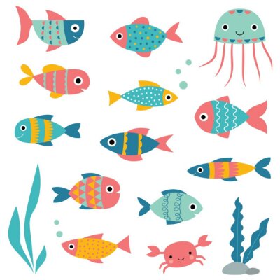 Sticker  Isolated fishes, cartoon elements set