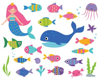 Sticker  Isolated set  with a mermaid, a whale, fishes and underwater elements