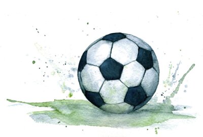 Sticker  Isolated watercolour illustration of realistic black and white soccer ball with green splash
