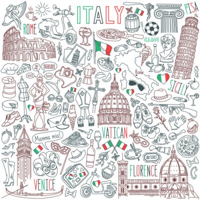 Sticker  Italy doodle set. Famous landmarks and traditional Italian symbols - architecture, cuisine, Venice carnival. Objects isolated on white background