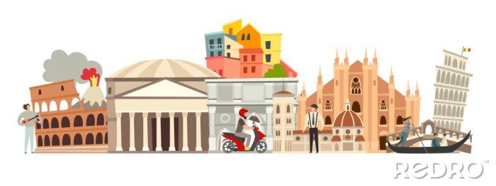 Sticker  Italy skyline colorful background. Famous Italy building. Italy hand drawn vector illustration. Italian travel landmarks/attraction. Vector illustration isolated on white background
