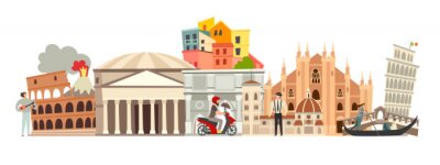 Sticker  Italy skyline colorful background. Famous Italy building. Italy hand drawn vector illustration. Italian travel landmarks/attraction. Vector illustration isolated on white background