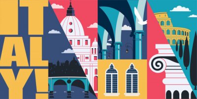 Sticker  Italy vector skyline illustration, postcard. Travel to Italy, Rome