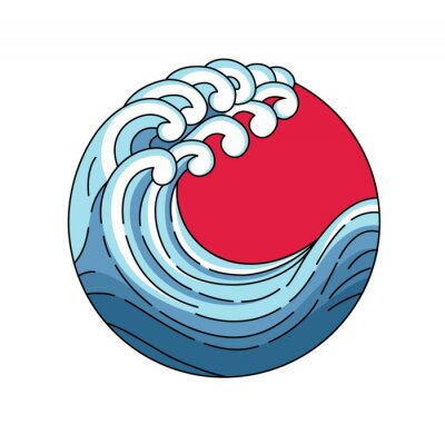 Sticker  Japan wave in red sun logo. Japanese oriental style vector art illustration. Vector Japan wave in red circle of the sun. Linear style outline logo. Asian ocean blue wave.