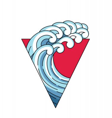 Sticker  Japan wave in triangle red sun logo. Japane oriental style vector art illustration. Vector Japan wave in red triangle. Linear style outline logo. Asian, chinese ocean blue wave trigon logo.
